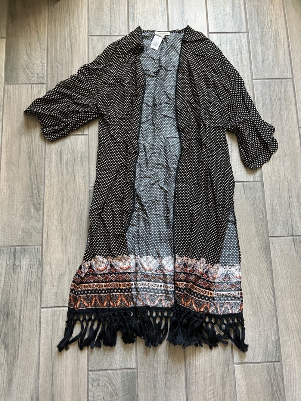 Flower Dot Fringe Open Kimono Cardigan - Black